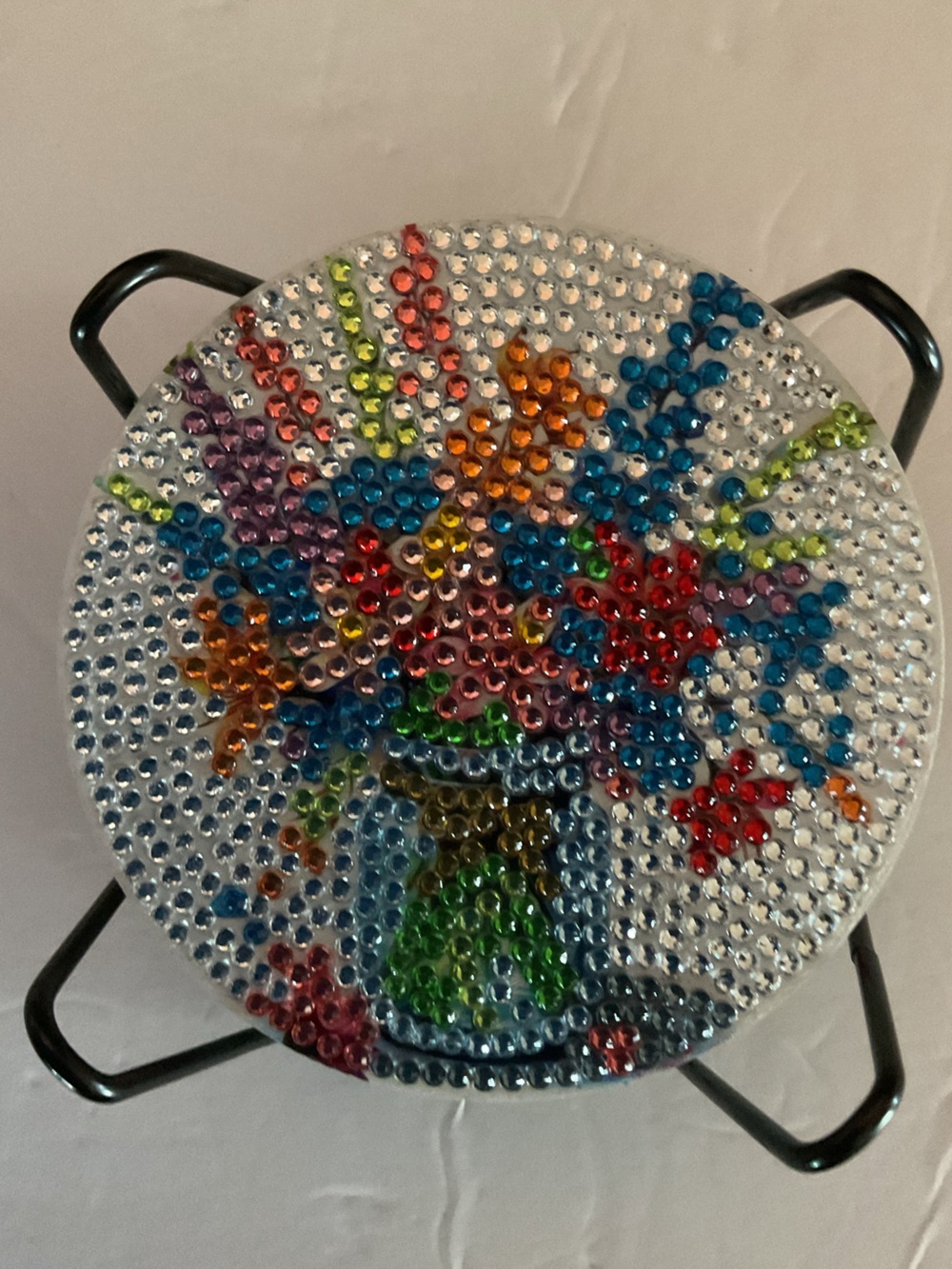 Handmade set of 8 w/ holder Diamond Art coasters. Colorful floral design.